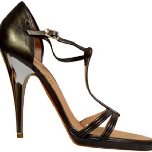 👠 Escada Pewter Metallic Mirrored Heel T-Strap Sandalsl  🇮🇹 - Picture 3 of 13